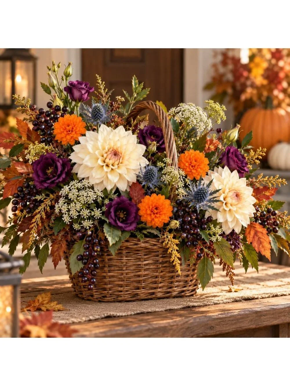 Pumpkin Orange Mini Pom Pom Mums, 4 Stem Artificial Faux Flower Bunch, Fall